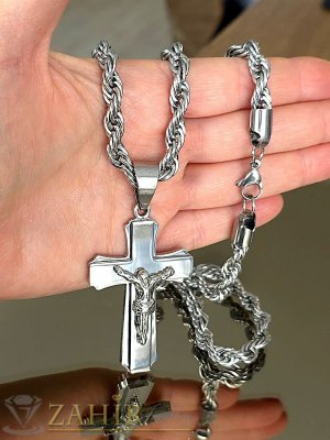 Масивен стоманен кръст с Исус 6 см на едър стоманен ланец 60 см, широк 0,7 см, високо качество, хипоалергенен - ML1498